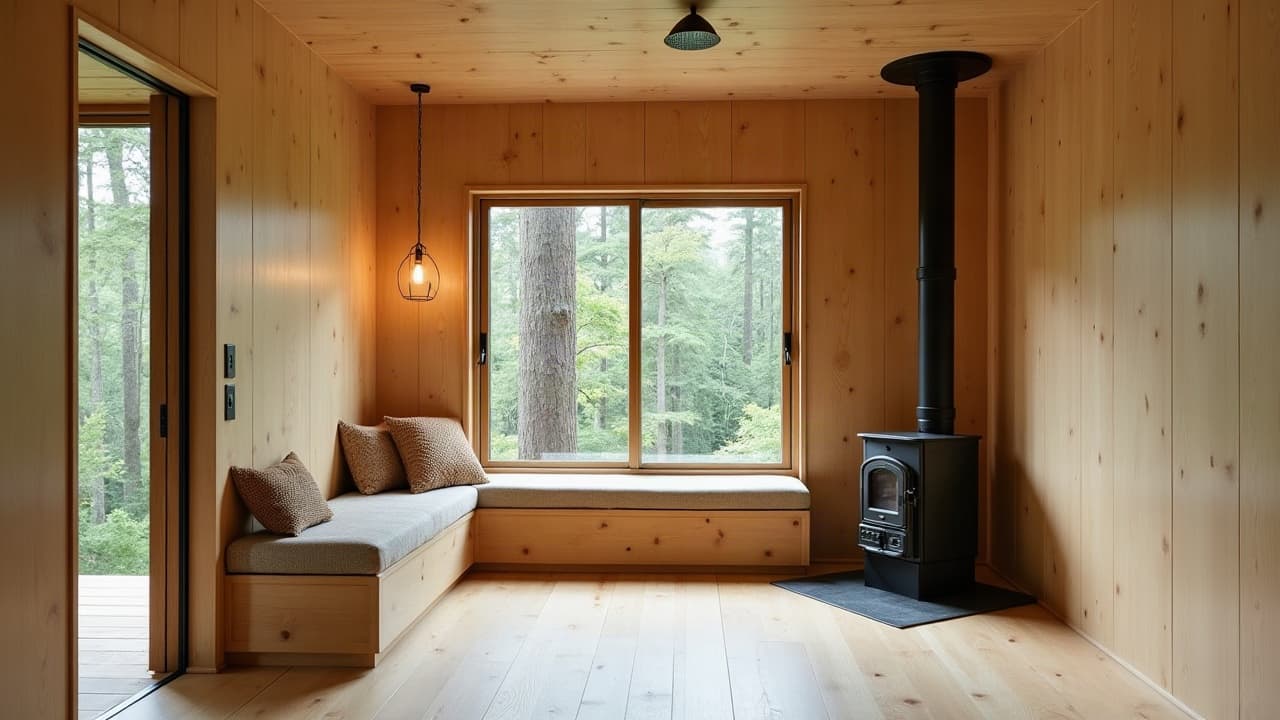 Intérieur aménagé d'une cabane perchée avec lambris clair, poêle compact et grande baie vitrée sur la canopée