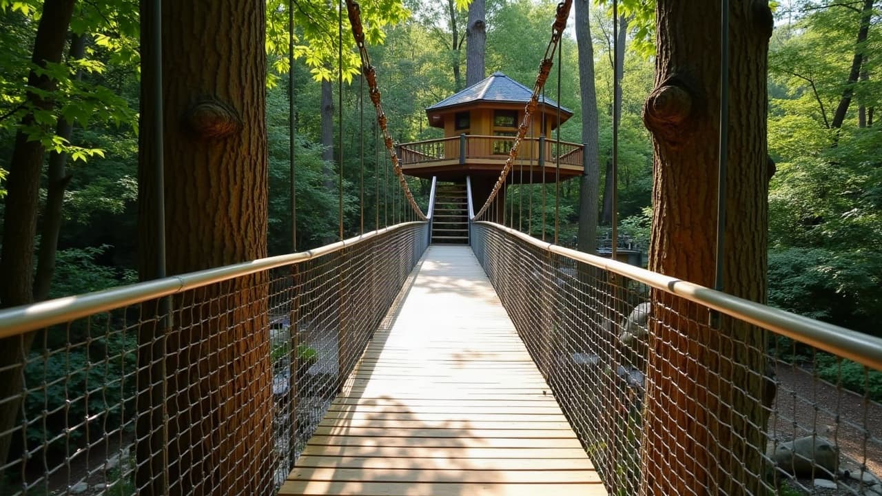 Passerelle suspendue en platelage de chêne et garde-corps à câbles menant à une cabane perchée en forêt